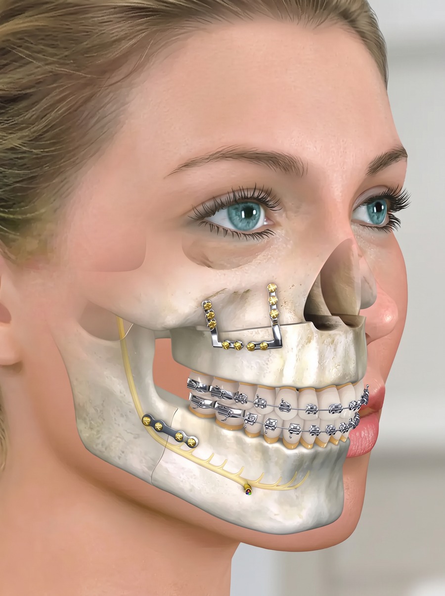 Illustration of the upper and lower jaw showing titanium plates and screws used to fixate the bones in place after orthognathic jaw surgery, with the mandibular nerve highlighted