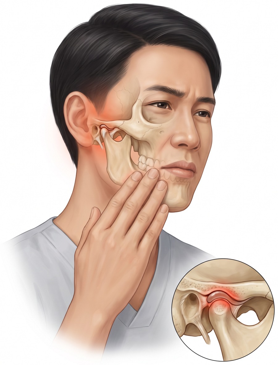 Illustration of a man holding his jaw in pain, with a cross-section of the temporomandibular joint highlighted in red to show inflammation